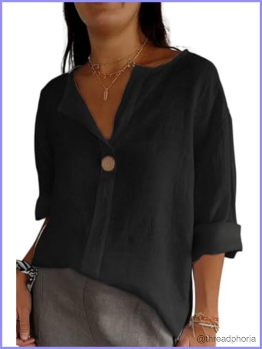 Women's V-Neck Cotton Linen Shirt 3/4 Roll-Up Sleeve Casual Tunic Top
